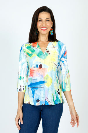 Top Ligne Watercolors V neck Top in Multi.  Bright abstract print on white.  V neck, with overlapping band.  3/4 sleeve.  Stamped, perforated fabric.  A line shape.  Relaxed fit._59584572522862