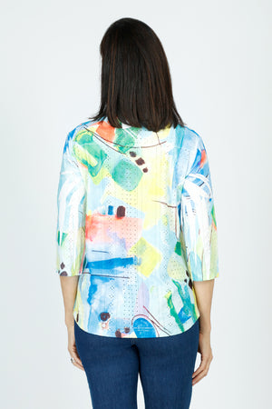 Top Ligne Watercolors V neck Top in Multi.  Bright abstract print on white.  V neck, with overlapping band.  3/4 sleeve.  Stamped, perforated fabric.  A line shape.  Relaxed fit._59584572326254