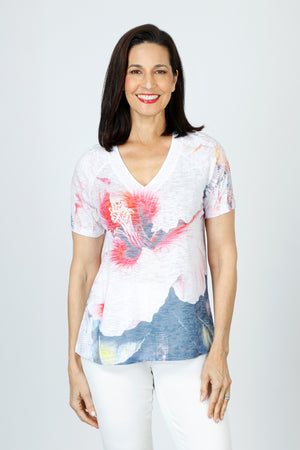 Top Ligne Hibiscus Flower Top.  Abstract flower print.  V neck with raglan short sleeve.  Relaxed fit._59584590217582