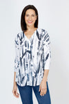 Top Ligne Bamboo Button Back Top.  Navy stylized bamboo print on white.  V neck with faux 2 button placket.  Back yoke with center buttons.  Curved hem.  3/4 sleeve.  Relaxed fit._t_59777388478830