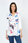 Top Ligne Splashes Button Back Tunic.  Multi color splashes on white.  V neck with faux 2 button placket.  3/4 sleeve Back yoke with center buttons.  Curved hem. Relaxed fit._t_59777400242542