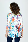 Top Ligne Flowers Button Back Tunic.  Bright watercolor abstract shapes screen printed on white.  Slub textured knit v neck with faux 2 button placket.  3/4 sleeve. Back yoke with functional buttons down center back.  High low hem. Relaxed fit._t_59702640836974