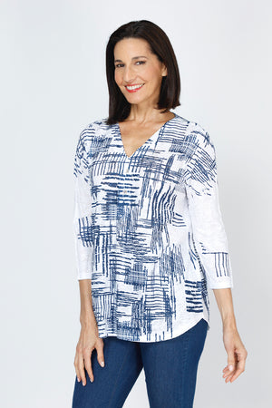 Top Ligne Hashtag Button Back Top in Navy on White.  V neck with faux 2 button placket.  3/4 sleeve.  Back yoke with button back.  High low curved hem.  Relaxed fit._59777529741678