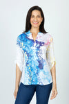 Top Ligne Fizzy Waves Mandarin Collar Top in Blue.  Mandarin collar split neck top with 2 button placket.  3/4 sleeve with button tab.  High low curved hem.  Relaxed fit._t_59584620462446