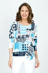 Top Ligne Mixed Squares Side Tie Top.  Mixed geometric shapes in black and light blue on a white background.  Crew neck 3/4 sleeve dolman top with side front tie.  Relaxed fit._t_59575360258414