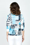 Top Ligne Mixed Squares Side Tie Top.  Mixed geometric shapes in black and light blue on a white background.  Crew neck 3/4 sleeve dolman top with side front tie.  Relaxed fit._t_59575360291182