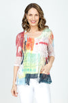 Top Ligne Abstract Brushmarks Cardi Set in Multi.  Lightweight abstract print tank in soft green, red and black on white.  Slub tank with crochet look screen print open cardi with 3/4 sleeve.  Relaxed fit._t_59575384277358