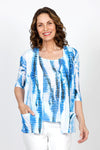 Top Ligne Streaks Cardi Set.  Blue streaked print on white.  2 piece set with sleeveless tank.  3/4 sleeve cardigan with v neck and draped front.  2 front patched pockets.  Lightweight in stamped and perforated polyester.  Relaxed fit._t_35571253674184