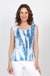 Top Ligne Floral Print Crinkle Tunic in Aqua. Blue aqua and lime abstract floral print. Crew neck crinkle with dolman elbow sleeve with ruffle cuff. Diagonal front seaming with asymmetrical insert at hem. Sewn edges. Relaxed fit._t_35571253641416