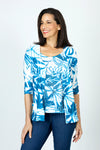 Top Ligne Tropical Cardi Set. Bright blue tropical print on white.  Burnout screen print crew neck tank with 3/4 sleeve open cardi with stamp embossed design.  Cardi has 2 front patch pockets.  Relaxed fit._t_59588365156718