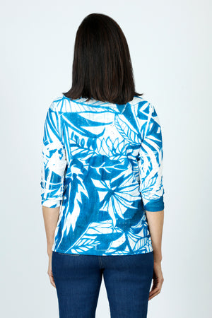 Top Ligne Tropical Cardi Set. Bright blue tropical print on white.  Burnout screen print crew neck tank with 3/4 sleeve open cardi with stamp embossed design.  Cardi has 2 front patch pockets.  Relaxed fit._59588365189486