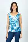 Top Ligne Tropical Cardi Set. Bright blue tropical print on white.  Burnout screen print crew neck tank with 3/4 sleeve open cardi with stamp embossed design.  Cardi has 2 front patch pockets.  Relaxed fit._t_59588365123950