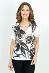 Top Ligne Floral Eyelet Top.  Black large abstract floral on a white background.  Perforated stamped fabric.  V neck short sleeve top.  Straight hem.  Relaxed fit._t_35963155415240