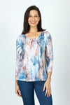 Top Ligne Abstract Patches Round Neck Top in Blue/Orange.  Soft abstract splash print on white.  Scooped round neck top with long sleeve.  A line shape.  Relaxed fit._t_59588626776430