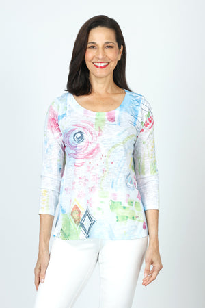 Top Ligne Watercolor Round Neck Top in Multi.  Soft pastel watercolor abstract floral on white.  Scoop round neck with long sleeves.  Soft burnout screenprint.  A line shape.  Relaxed fit._59588603773294