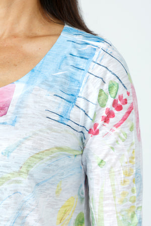 Top Ligne Watercolor Round Neck Top in Multi.  Soft pastel watercolor abstract floral on white.  Scoop round neck with long sleeves.  Soft burnout screenprint.  A line shape.  Relaxed fit._59588603740526