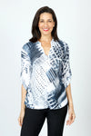 Top Ligne Dots & Lines Squares Henley in Black & White with blue accents. Mandarin collar split neck textured knit with 2  button placket.  Single breast pocket.  Elbow length roll tab sleeve. Clear sequin trim on collar and pocket.  Relaxed fit._t_59588113465710