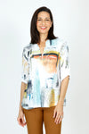 Top Ligne Abstract Artsy Henley in Multi.  Soft multi colored abstract screen print on white.  Mandarin collar split neck textured knit with 2  button placket.  Single breast pocket.  Elbow length roll tab sleeve. Clear sequin trim on collar and pocket.  Relaxed fit._t_59584685998446