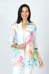 Top Ligne Abstract Colors Cardi.  Multi colored abstract print on a white background.  Open front a-line, 3/4 sleeve cardigan over a scoop neck tank.  Chiffon panels below waist on cardi with clear sequin faux flap pockets and cuffs.  Relaxed fit._t_59588428628334