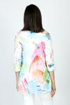 Top Ligne Abstract Colors Cardi.  Multi colored abstract print on a white background.  Open front a-line, 3/4 sleeve cardigan over a scoop neck tank.  Chiffon panels below waist on cardi with clear sequin faux flap pockets and cuffs.  Relaxed fit._t_59588428661102