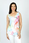 Top Ligne Abstract Colors Cardi.  Multi colored abstract print on a white background.  Open front a-line, 3/4 sleeve cardigan over a scoop neck tank.  Chiffon panels below waist on cardi with clear sequin faux flap pockets and cuffs.  Relaxed fit._t_59588428562798