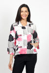 LIV by Habitat Crinkle Snap Shacket in Sane.Pink, black gray and white abstract splash print. Convertible collar snap front hybrid blouse/jacket with hidden snap placket. 3/4 sleeve with split cuff. 2 front welt pockets. High low hem. Relaxed fit._t_35028832977096