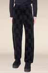 Habitat Crinkle Velvet Flood Pant in Black.  Textured crinkle velvet in a checkerboard pattern.  Elastic waist pull on straight pant.  Relaxed through hip and thigh, falls straight to hem.  10 1/2" leg opening, 27" inseam._t_52931156050286