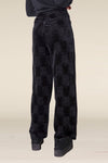 Habitat Crinkle Velvet Flood Pant in Black.  Textured crinkle velvet in a checkerboard pattern.  Elastic waist pull on straight pant.  Relaxed through hip and thigh, falls straight to hem.  10 1/2" leg opening, 27" inseam._t_52931156083054