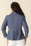 Habitat Newport Knit Downtown Jacket in Navy.  White waved puckering.  Stand convertible collar with button front.  Vertical striping to drop waist; horizontal striping below.  3/4 sleeve.  Fit and flare shape.  Relaxed fit._t_59770939441518