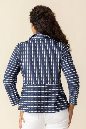 Habitat Newport Knit Downtown Jacket in Navy.  White waved puckering.  Stand convertible collar with button front.  Vertical striping to drop waist; horizontal striping below.  3/4 sleeve.  Fit and flare shape.  Relaxed fit._59770939441518