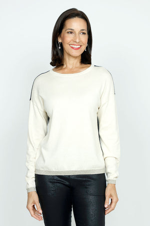 Elliott Lauren Tipping Point Sweater in Starch.  Crew neck color block long sleeve sweater.  Starch front and black back with lurex metallic trim at hem and cuff.  Drop shoulder.  Relaxed fit._36113036574920