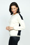 Elliott Lauren Tipping Point Sweater in Starch.  Crew neck color block long sleeve sweater.  Starch front and black back with lurex metallic trim at hem and cuff.  Drop shoulder.  Relaxed fit._t_36113036542152