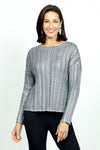 Elliott Lauren Foiled Cable Sweater in Silver.  Wide crew neck sweater with long sleeves.  Metallic cable knit.  Dropped shoulder.  Rib trim at neck. Relaxed fit._t_52896295485806