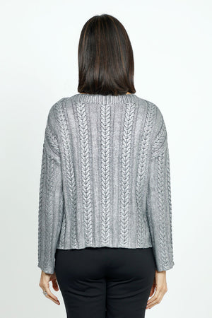 Elliott Lauren Foiled Cable Sweater in Silver.  Wide crew neck sweater with long sleeves.  Metallic cable knit.  Dropped shoulder.  Rib trim at neck. Relaxed fit._52896295518574