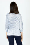 Elliott Lauren Blue Skies Sweater in Blue.  Variable width stripes in front; split down the center.  Back narrow stripes.  V neck, dolman 3/4 sleeve.  Raised center seams.  Rib trim at neck, hem and cuff.  Side slits. Relaxed fit._t_59719680000366