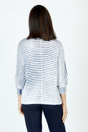 Elliott Lauren Blue Skies Sweater in Blue.  Variable width stripes in front; split down the center.  Back narrow stripes.  V neck, dolman 3/4 sleeve.  Raised center seams.  Rib trim at neck, hem and cuff.  Side slits. Relaxed fit._59719680000366