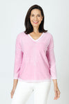 Elliott Lauren Luminosity Sweater in Wild Orchid.  V neck 3/4 sleeve lightweight cotton knit.  Raised center front and back seams in white.  White trim at neck hem and cuff.  Dropped shoulder with raised white seam detail.  Relaxed fit._t_59626442785134