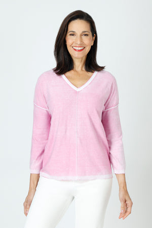 Elliott Lauren Luminosity Sweater in Wild Orchid.  V neck 3/4 sleeve lightweight cotton knit.  Raised center front and back seams in white.  White trim at neck hem and cuff.  Dropped shoulder with raised white seam detail.  Relaxed fit._59626442785134