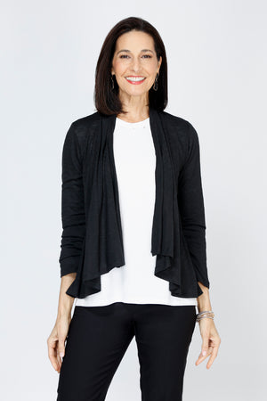 Top Ligne Slub Cardigan in Black.  Lightweight textured slub open front topper with 3/4 sleeve.  Cut on bias.  Drape front. Relaxed fit._59741304652142