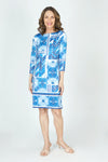 Top LIgne Mixed Geo Print Dress in Blue.  Mixed geometric prints with border design at hem and cuff.  Crew neck, 3/4 sleeve a line dress.  Classic fit._t_59702120120686