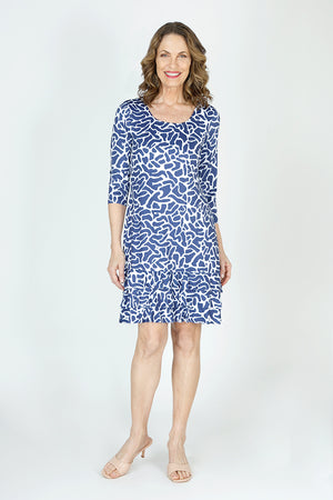 Top Ligne Jigsaw Print Ruffle Dress in Navy/White.  Puzzle print.  Scoop neck 3/4 sleeve dress with 3 ruffle tiers at hem.  Lined through body. Classic fit._59702172746094