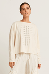 Planet Dot Mini Boxy T in Stone with titanium miniature dot pattern down front and back. Crew neck long sleeve tee with raw edges. Boxy fit._t_59663013085550