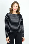 Planet Striped Mini Boxy Tee in Black with narrow White stripes.  Crew neck long sleeve boxy t.  Dropped shoulders.  One size fits many.  Oversized fit._t_36030639079624