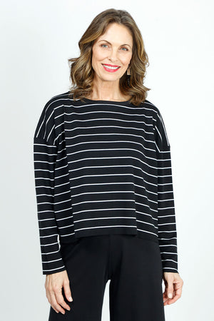 Planet Striped Mini Boxy Tee in Black with narrow White stripes.  Crew neck long sleeve boxy t.  Dropped shoulders.  One size fits many.  Oversized fit._36030639079624