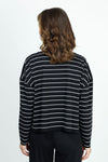 Planet Striped Mini Boxy Tee in Black with narrow White stripes. Crew neck long sleeve boxy t. Dropped shoulders. One size fits many. Oversized fit._t_36030639046856