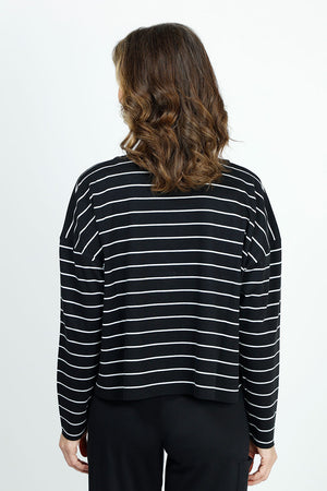 Planet Striped Mini Boxy Tee in Black with narrow White stripes. Crew neck long sleeve boxy t. Dropped shoulders. One size fits many. Oversized fit._36030639046856