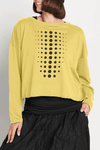 Planet Dot Mini Boxy T in Chartreuse with black miniature dot pattern down front and back. Crew neck long sleeve tee with raw edges. Boxy fit._t_59597860045166