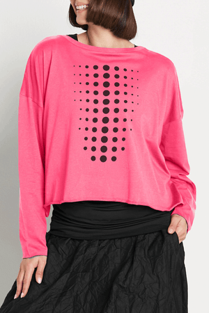 Planet Dot Mini Boxy T in Punch pink with black miniature dot pattern down front and back. Crew neck long sleeve tee with raw edges. Boxy fit._59597860110702