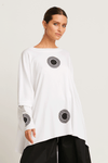 Planet Spotlight Tee in White with Black bullseye dots.  Crew neck long sleeve oversized swing tee.  Tunic length.  One size fits many.  Oversized fit._t_59597934297454