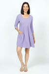 Organic Rags Gauze Dress in Lilac. Cotton gauze scoop neck dress with high waist. 3/4 sleeve. 2 front patch pockets._t_35729930846408